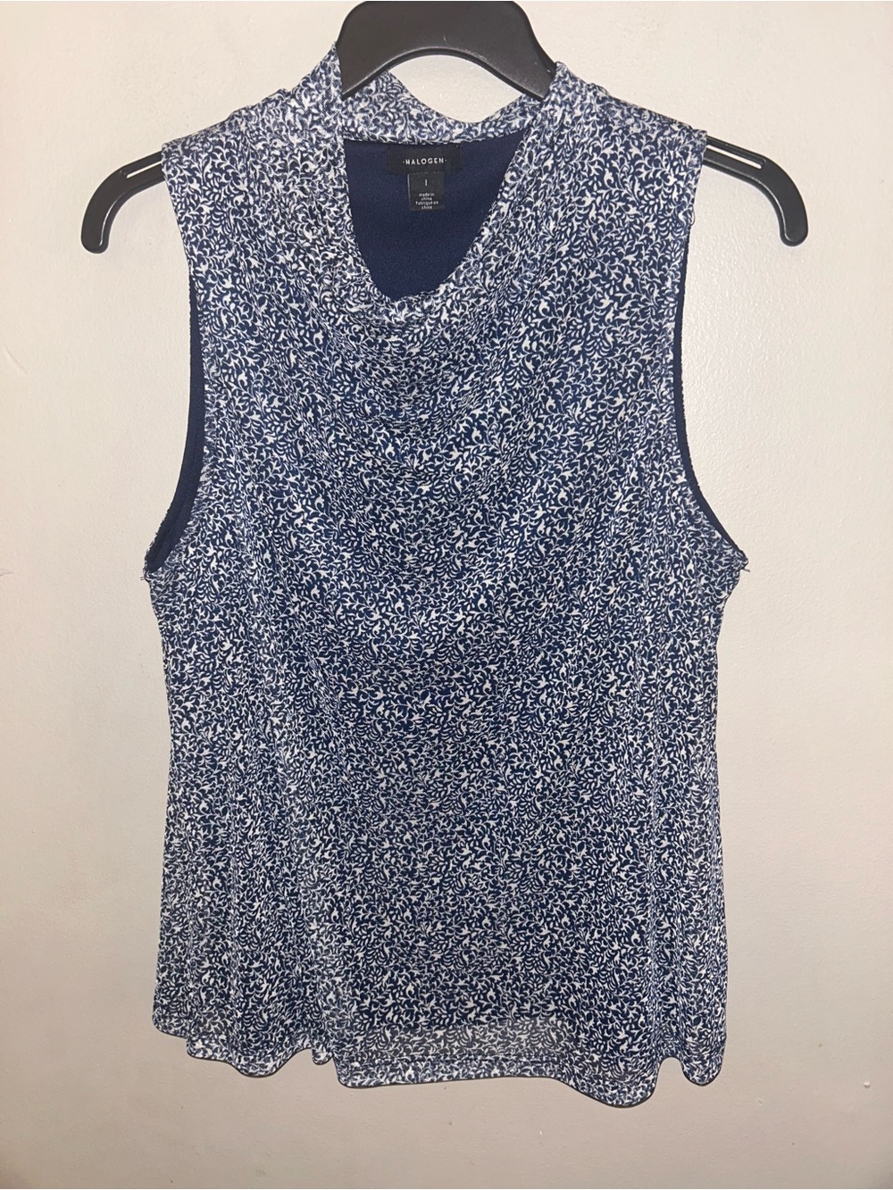 Halogen Shirt - navy/white floral cowl neck mesh overlay